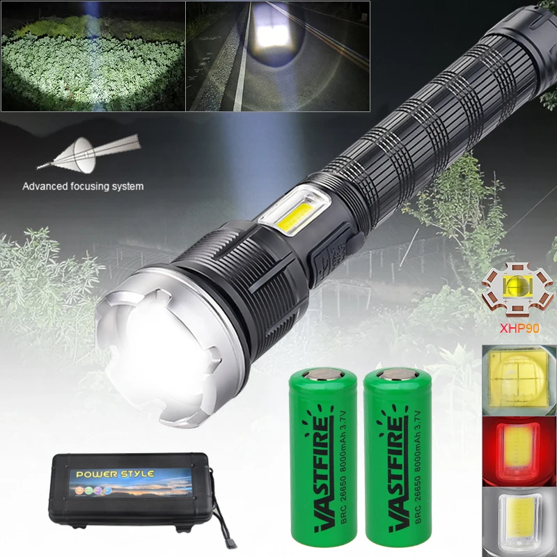 4-Core P90 LED Rechargeable Tactical Flashlight Zoomable Touch COB Side Light Outdoor Camping Powerful Flashlight+Battery+Box