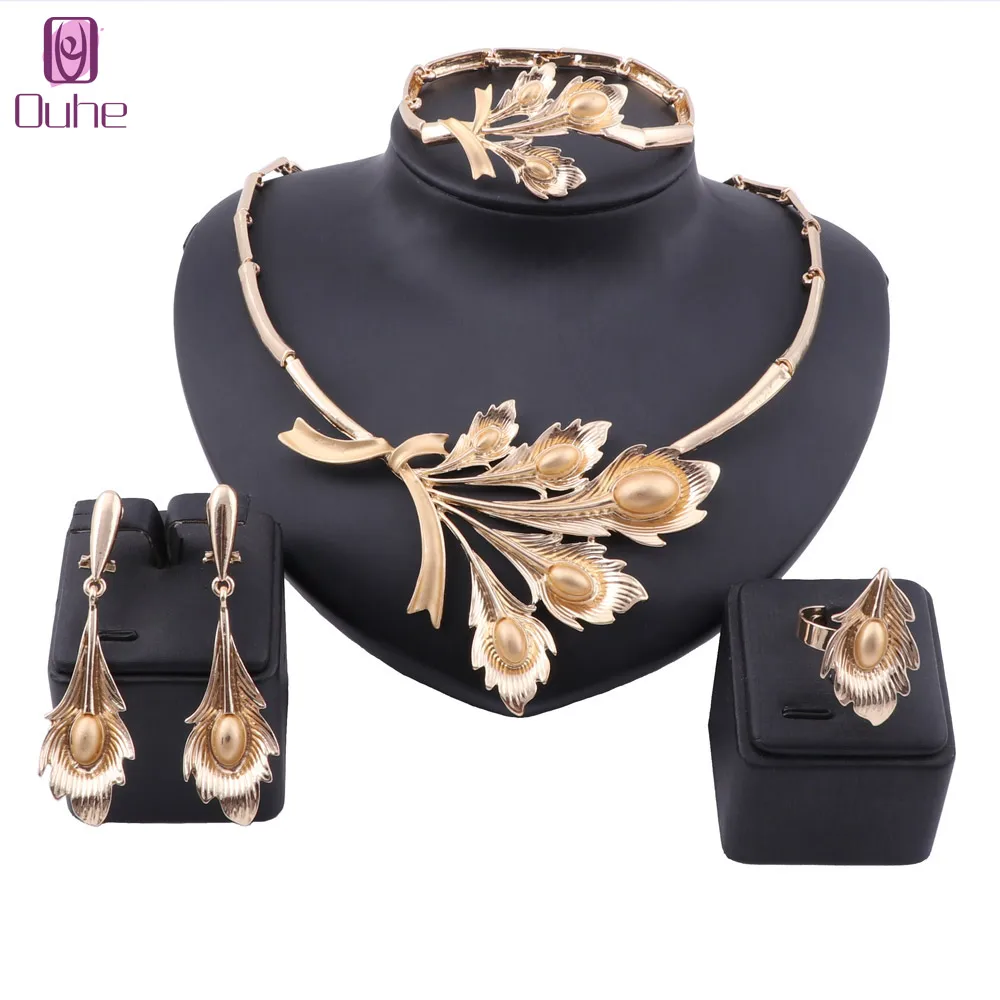 Fashion Nigerian Wedding African Costume Jewelry Set Dubai Neckace Bangle Earrings Ring For Women Party Jewelry Sets 3 Colors