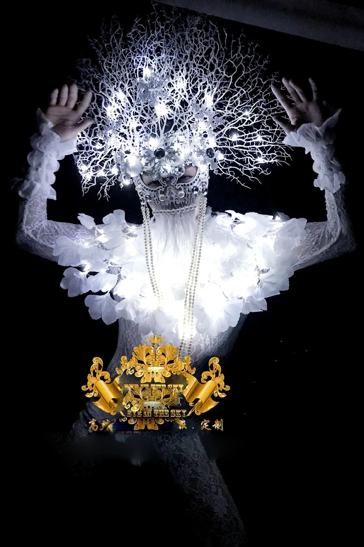 Sexy men stage dance LED lights White Branch headdress dance wear Christmas Valentine\'s day party performance show costume