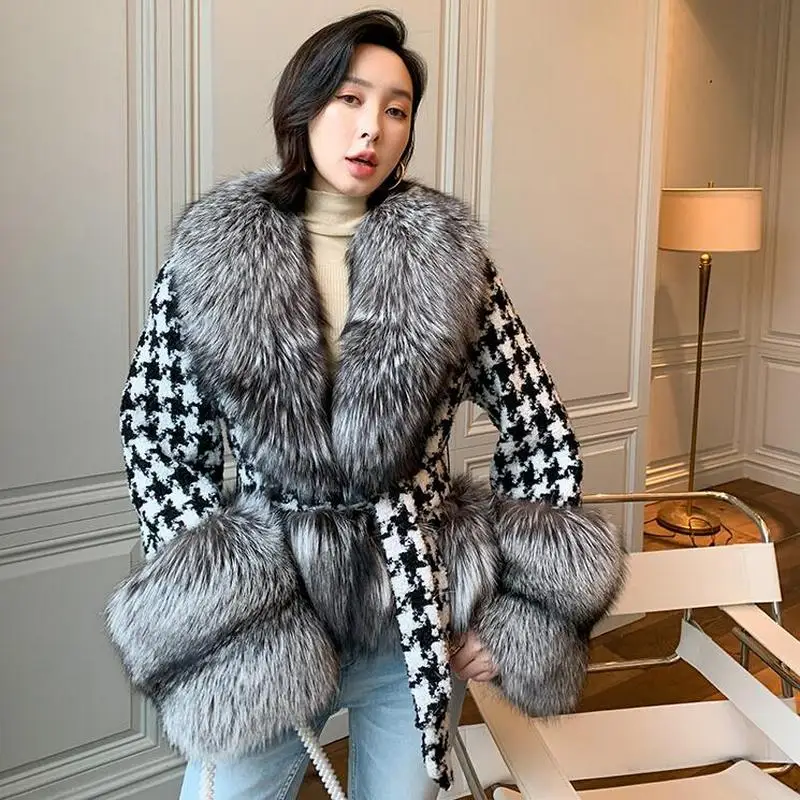 Zdfurs * 2021 outono e inverno casaco de pele feminina houndstooth colarinho curto prata raposa corte de pele moda roupas femininas