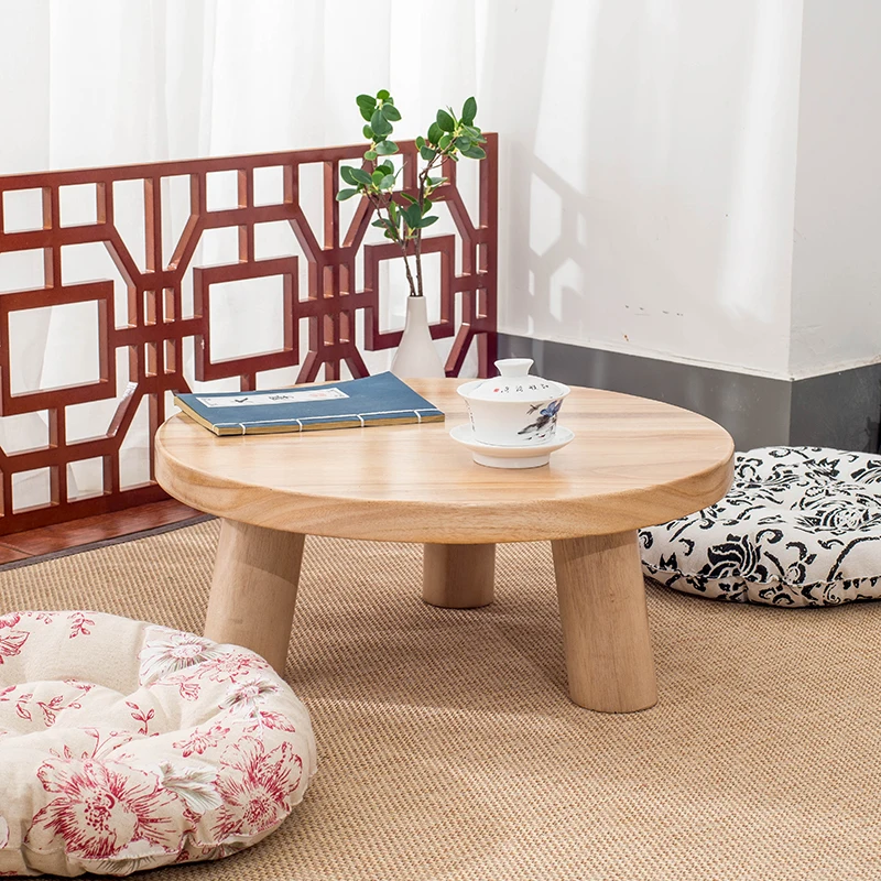 

Japanese Burlywood Color Round Solid Wood Tea Table Traditional Asian Furniture Living Room Low Floor Paulownia Coffee Table