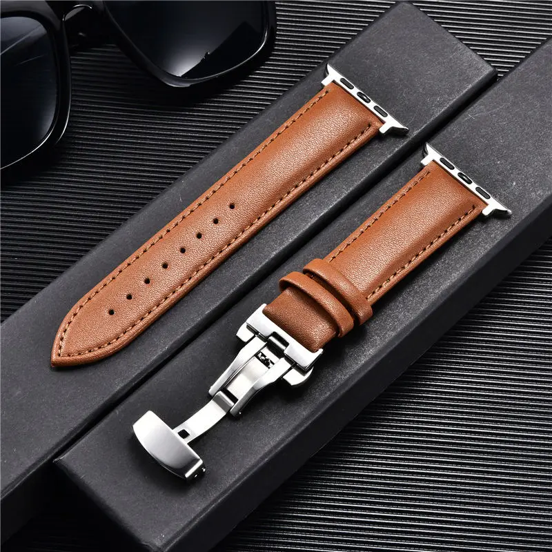 Genuine Leather Watch Straps for Apple Watch 8 7 6 SE 5 4 Butterfly Buckle Watchband 38/40/41mm 42/44/45/49mm for iwatch ultra