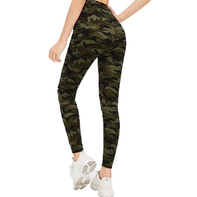 Camouflage Leggings Women Ripped Elastic Tight Fashion High Waist Trousers Workout Fitness Running Gym Pants Push Up Leggins