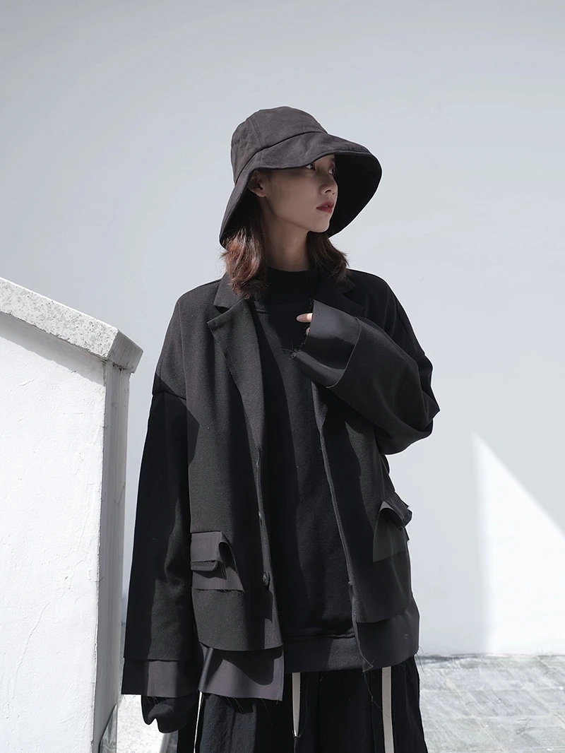 UMI MAO Yamamoto Dark Black Japanese Niche Cutting Raw Edge Stitching Woolen Blazers Woolen Jacket Women