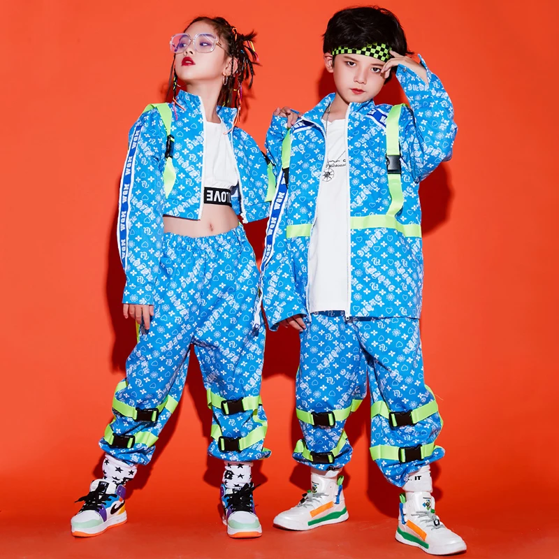 Kinder Hip hop Kostüm Mädchen Jazz Dance Tops Hosen Blau Set Lose Street Dance Kleidung Für Jungen Zeigen Bühne Outfit tragen BL5128