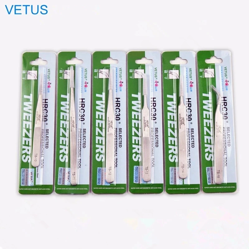 VETUS TS Series 1pc Stainless Steel Eyebrow Tweezers Watchmaker Repair Tools With Security Label False Eyelashes Extension Tool