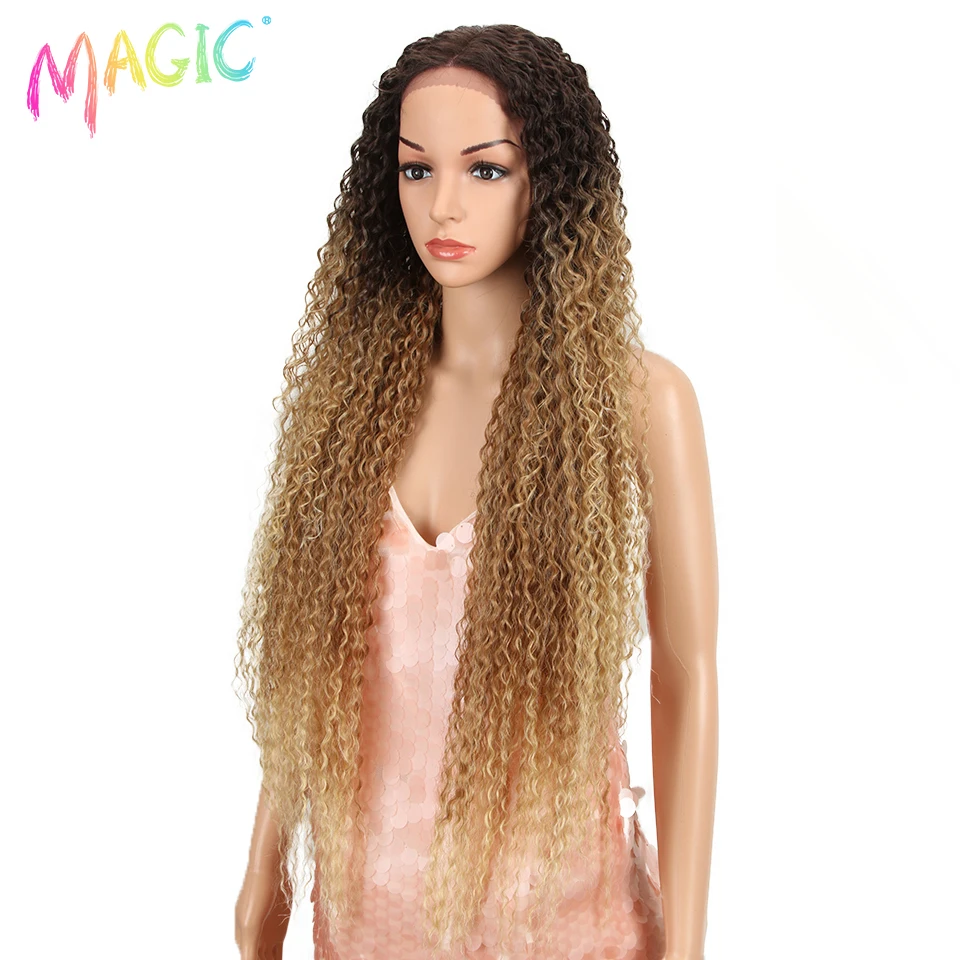 Magic Synthetic Lace Wigs 38 Inch Long Kinky Curly Wigs For Black Women Ombre Blonde Heat Resistant Hair High Temperature