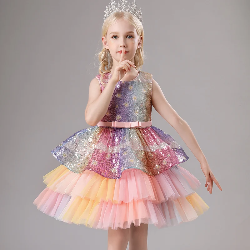 Girl's Princess dress Birthday Party Children's Day Summer style Layered skirt Sequins Dress