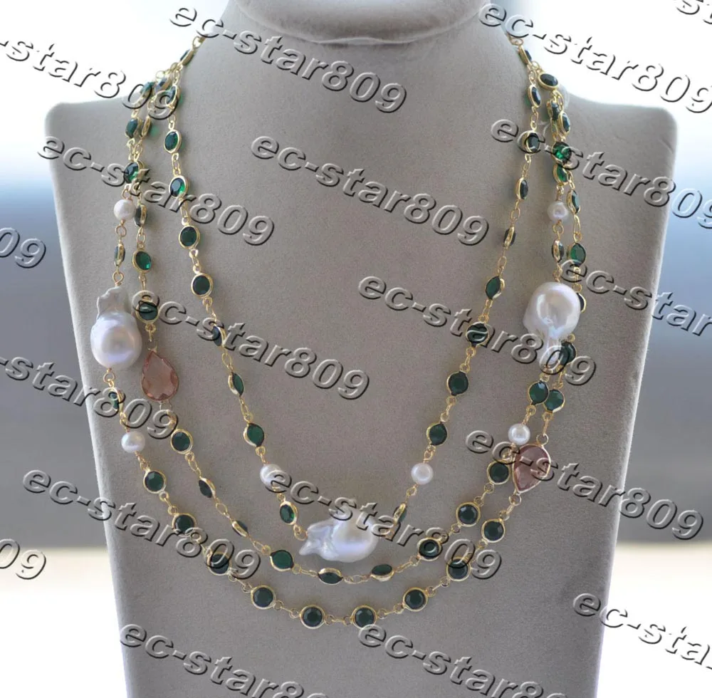 

Z11365 54" 23mm White Baroque Keshi Reborn Pearl Green Gemstone CZ Gold-plating