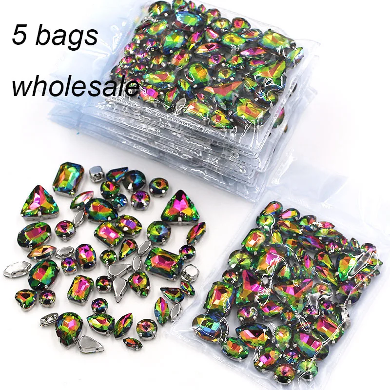 New arrival Wholesale 5 bags mixed shape sew on glass crystal Rainbow rhinestones for clothing/dress