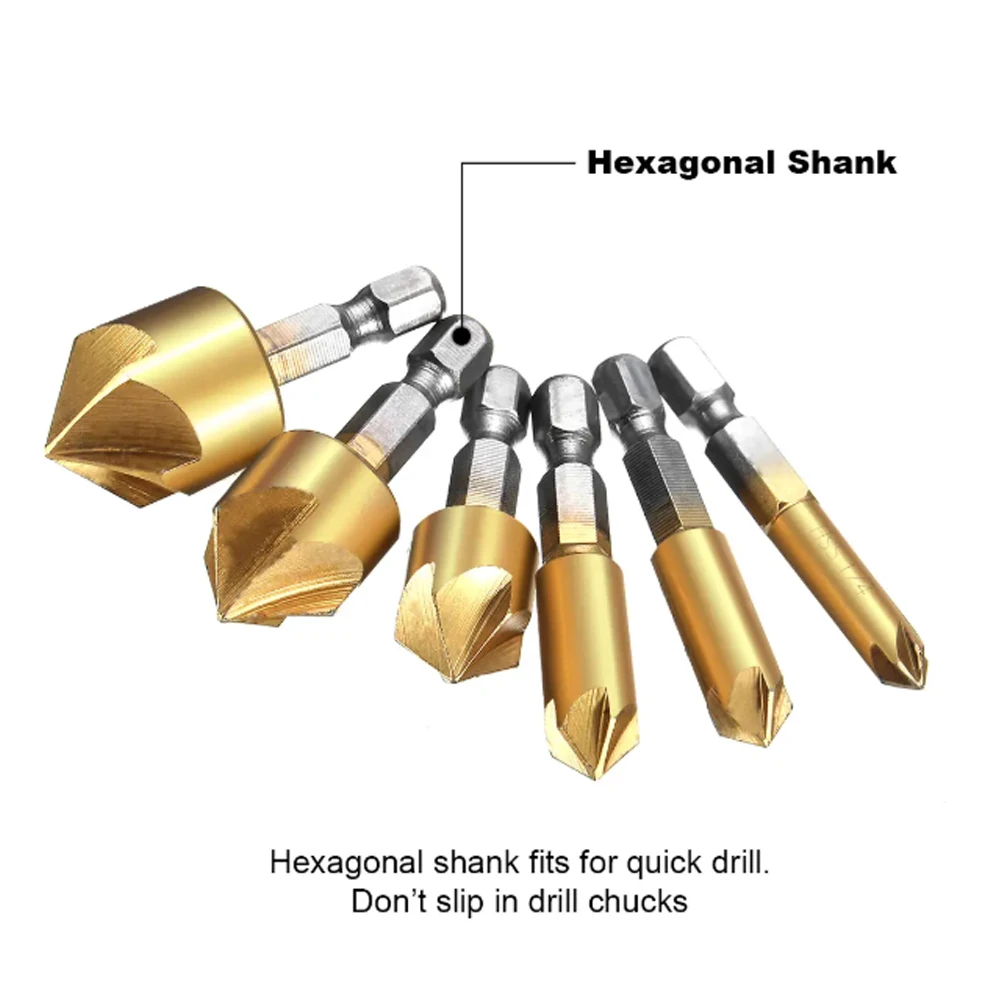 6 stücke 5 Flöte Kegel Bohrer Senker Bohrer Titan Beschichtete HSS1/4 "Hex Schaft Winkel Punkt Holz PVC Cutter Rand Fase Rea