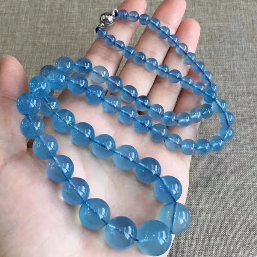 Natural Blue Aquamarine Clear Round Beads Necklace Pendant Women Men 5.6-14.7mm Charms Crystal Woman Healing Stone AAAAAA