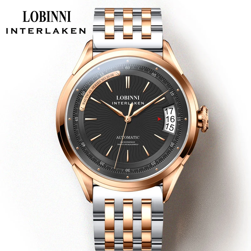 

LOBINNI 316L Мужские часы из нержавеющей стали с сапфировым стеклом Водонепроницаемые 50 м Автоматические механические часы с запасом хода 80 часов