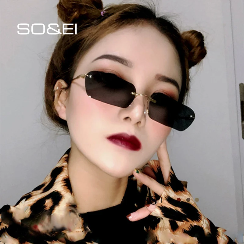 SO&EI Fashion Small Rectangle Rimless Sunglasses Women Vintage Clear Ocean Lens Eyewear Men Pink Yellow Oval Sun Glasses Shades