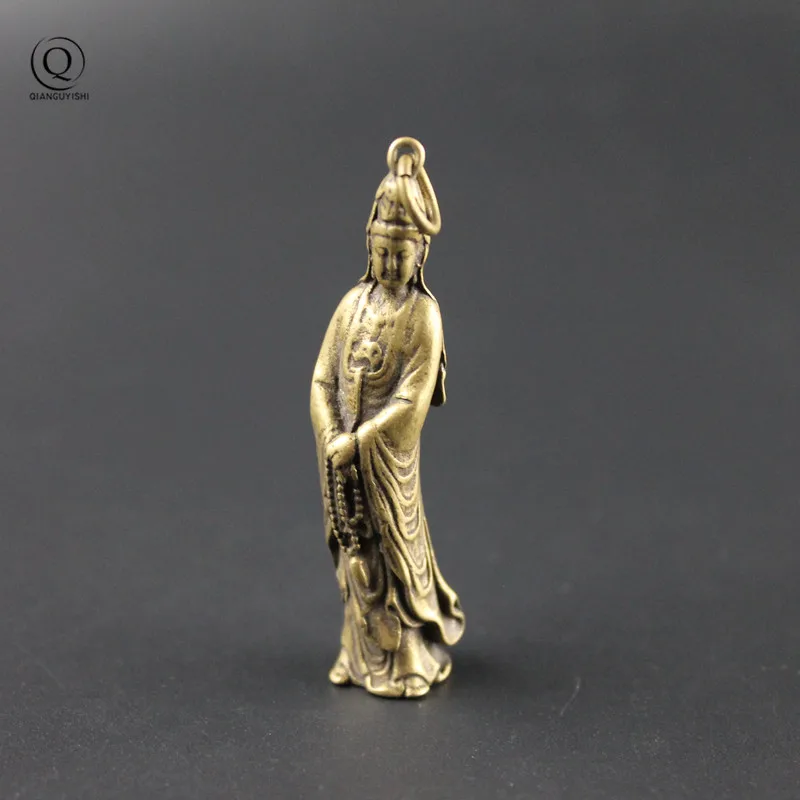 Pure Brass Guanyin Buddha Statue Vintage Key Chains Pendants Copper Bodhisattva Lucky Keychains Hanging Jewelry Keyrings Charms