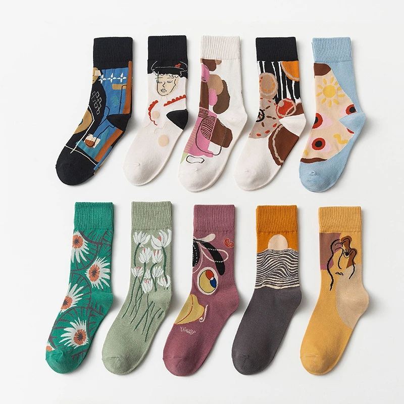 Autumn and Winter New Socks Men Fashion Cartoon Colorful Art Illustration Sox Happy Funny Trend Couples Street Sports Socks