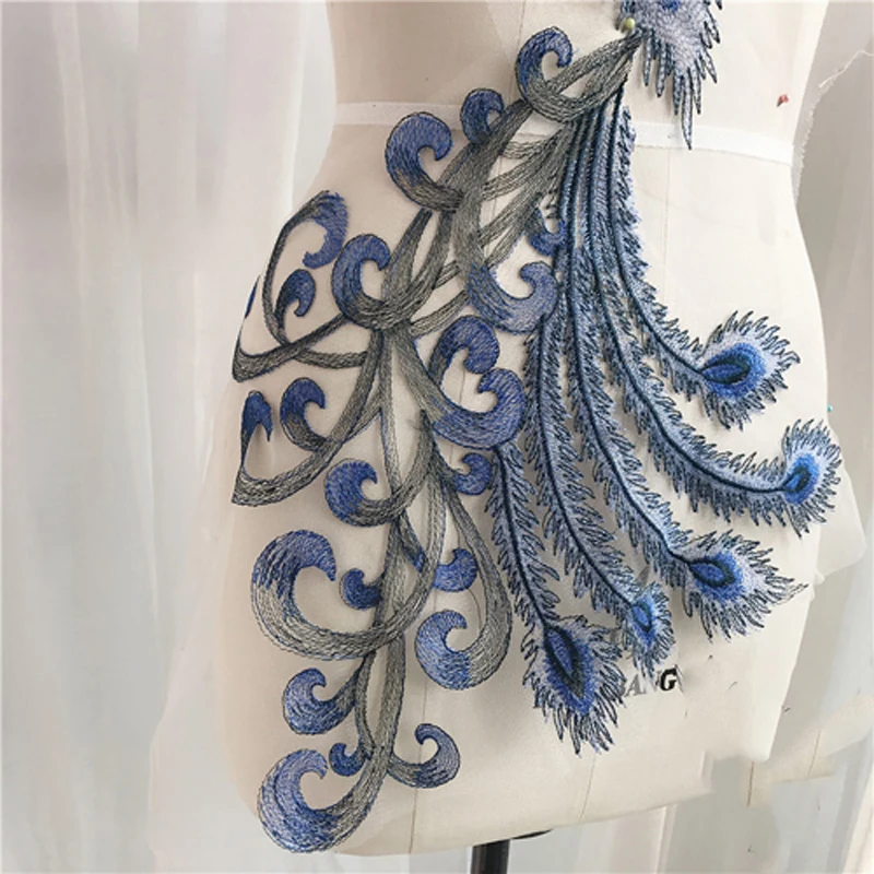 Applique Blue Peacock Embroidered Lace Wedding Dress Back Diy Flower Lace Applique Fabrics Material Scrapbooking NL239