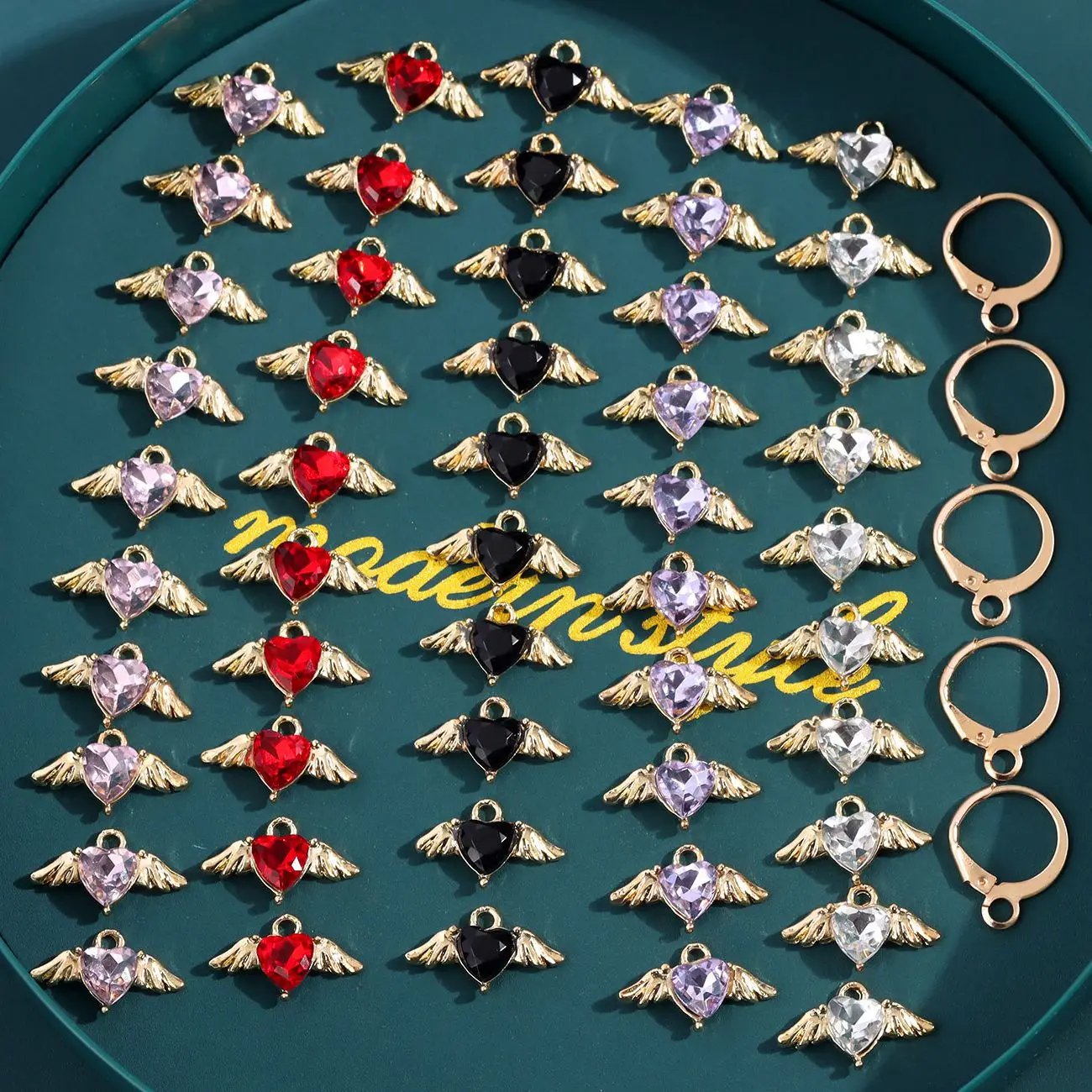 72Pcs/Lot Colorful Crystal Heart Wings Charms With Free Box Accessories DIY Making for Pendant Necklace Earrings Jewelry Finding