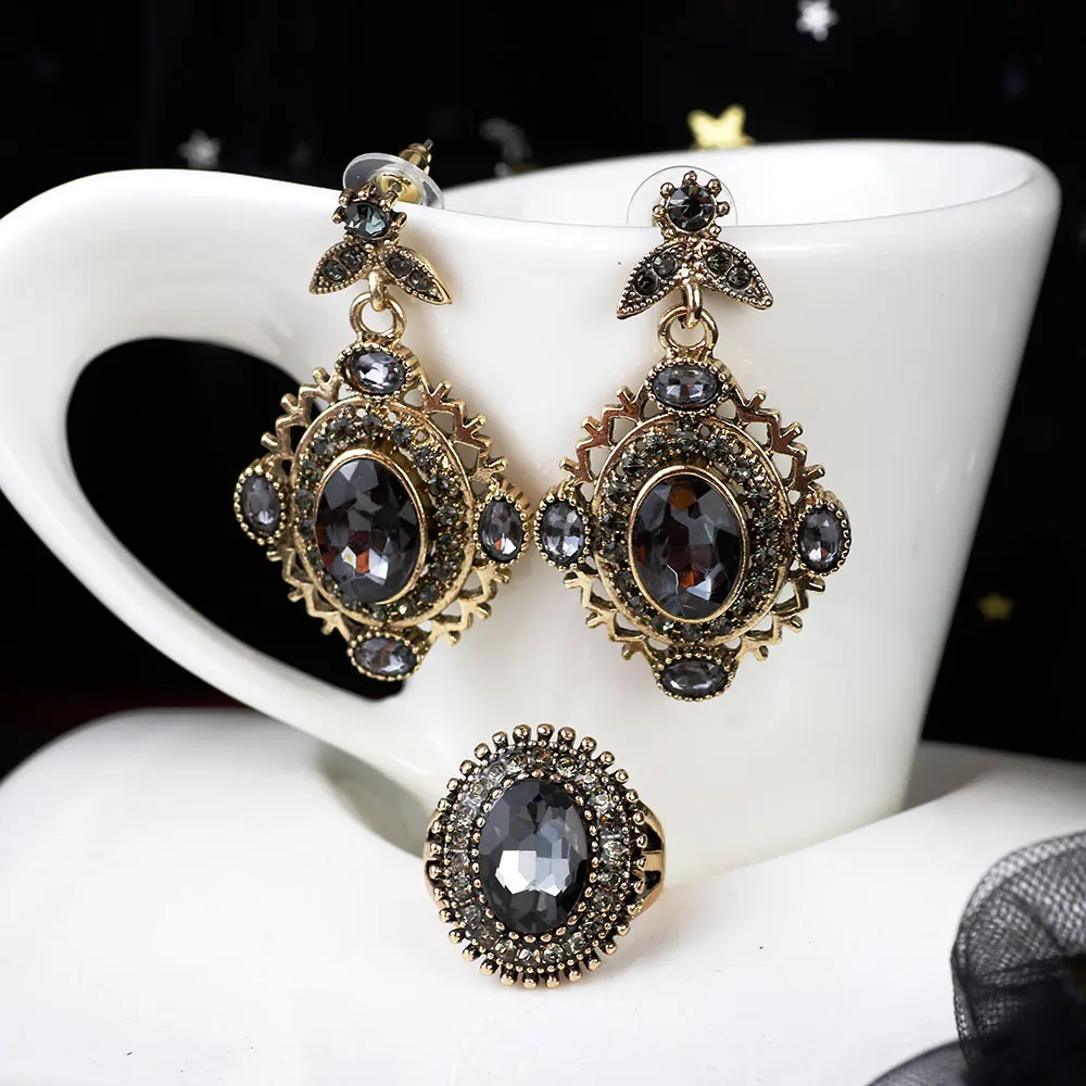 Sunspicems Drop Earring Ring Jewelry Sets for Women Antique Gold Color Grey Crystal Full Rhinestone Bohemia Vintage Wedding Gift