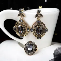 Sunspicems Drop Earring Ring Jewelry Sets for Women Antique Gold Color Grey Crystal Full Rhinestone Bohemia Vintage Wedding Gift