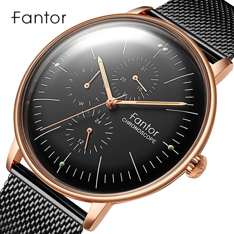 Fantor Brand Luxury Men Chronograph Men\'s Quartz Wristwatch Waterproof Business Mesh Strap Watches Man Wrist