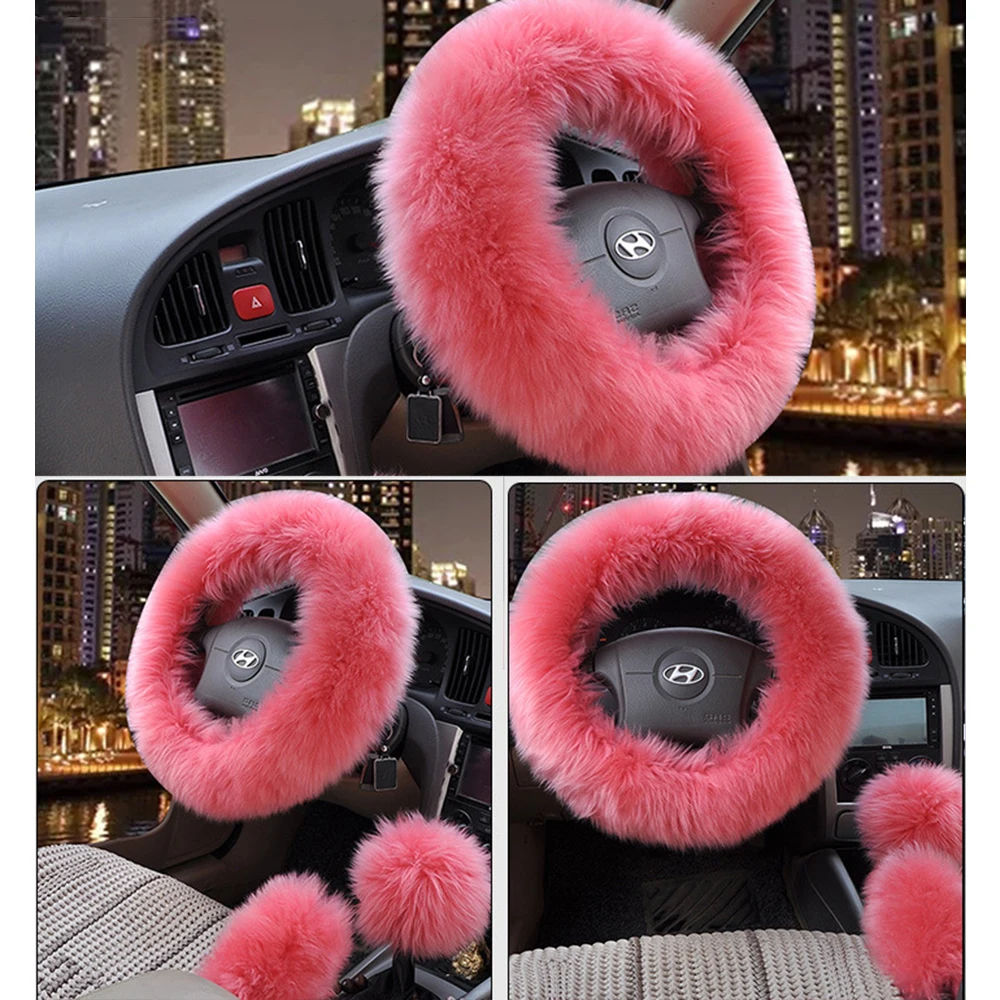 KAWOSEN Pink Car Wool Steering Wheel Cover For Girls Car Decoration For Women Steering Wheel Cover Set for Steering Wheel WSWS01