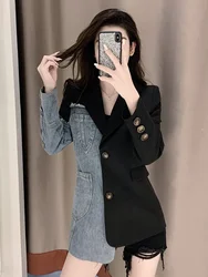 Veste blazer patchwork en denim pour femme, veste décontractée