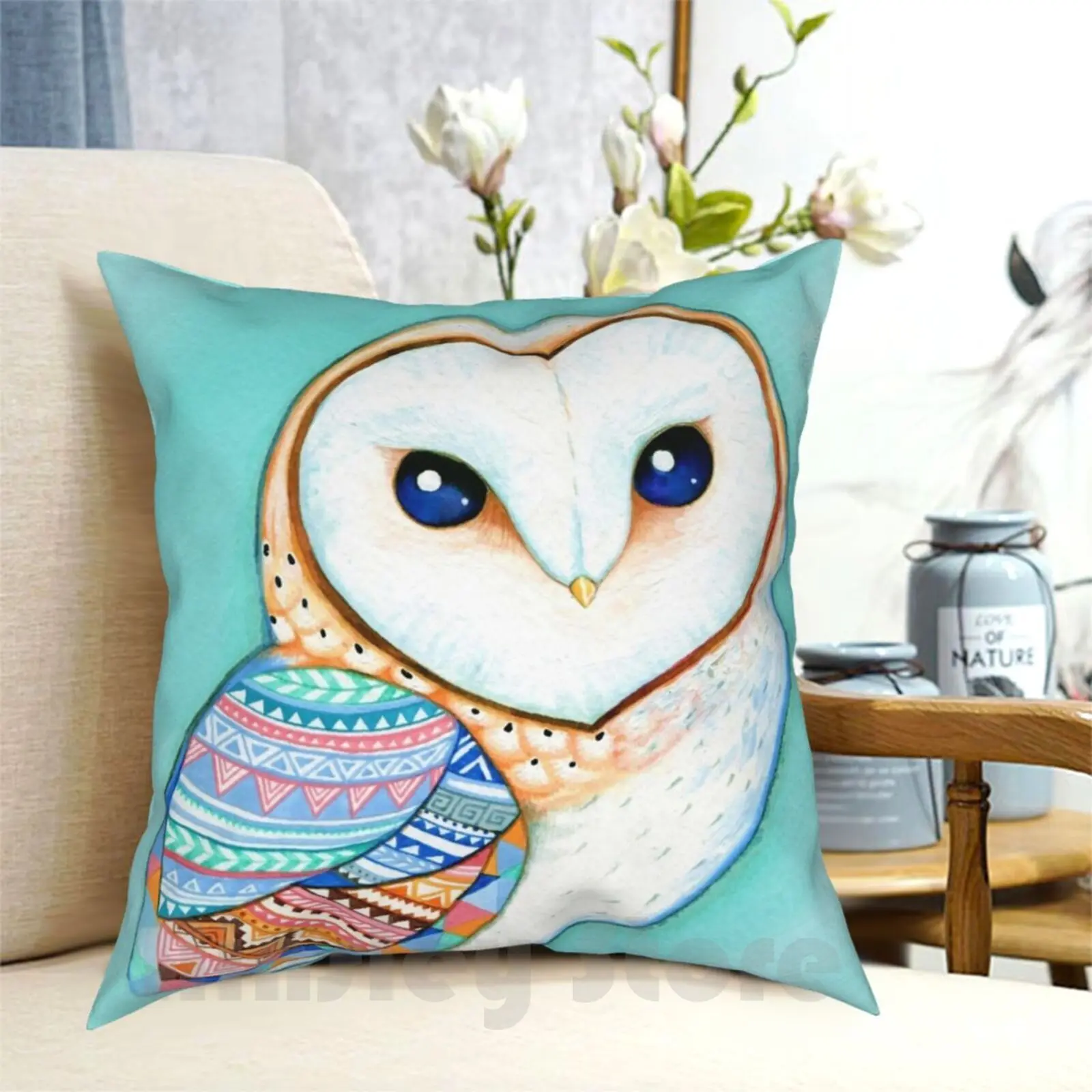 Tribal Pattern Barn Owl Pillow Case Printed Home Soft DIY Pillow cover Owl Bird Cute Teal Mint Earthy Nature Tyto Alba Barn