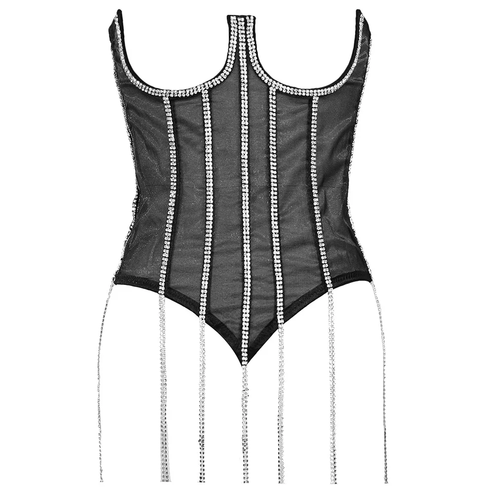 Luxury Women Corset with Crystal Tassels, Slim Rhinestone Vest, Sexy Transparent Mesh Lace, Backless Female Girdle Corset