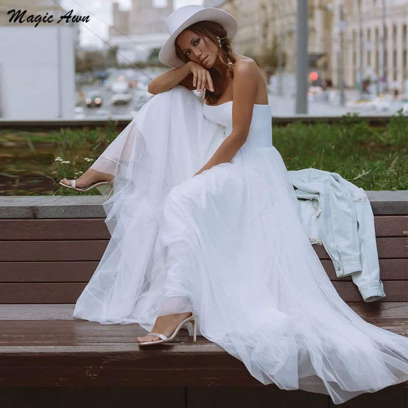 Magic Awn 2021 Sweetheart Wedding Dresses Boho Satin Tulle Simple Beach A-Line Mariage Gowns Princess Country Robe De Soriee