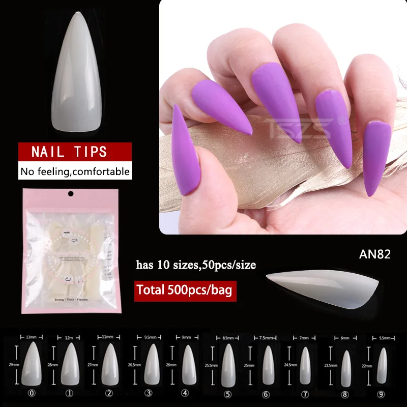 TSZS-uñas postizas de ABS, uñas largas de cobertura completa, Stiletto acrílico transparente, 10 tamaños, 500 unidades por lote