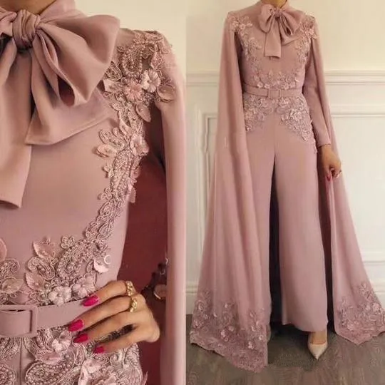 Rose pink Prom Jumpsuit dress with Long Cape Wrap customsized arabic Muslim 3D Floral Lace Beaded Arabic Evening dress Pant Suit