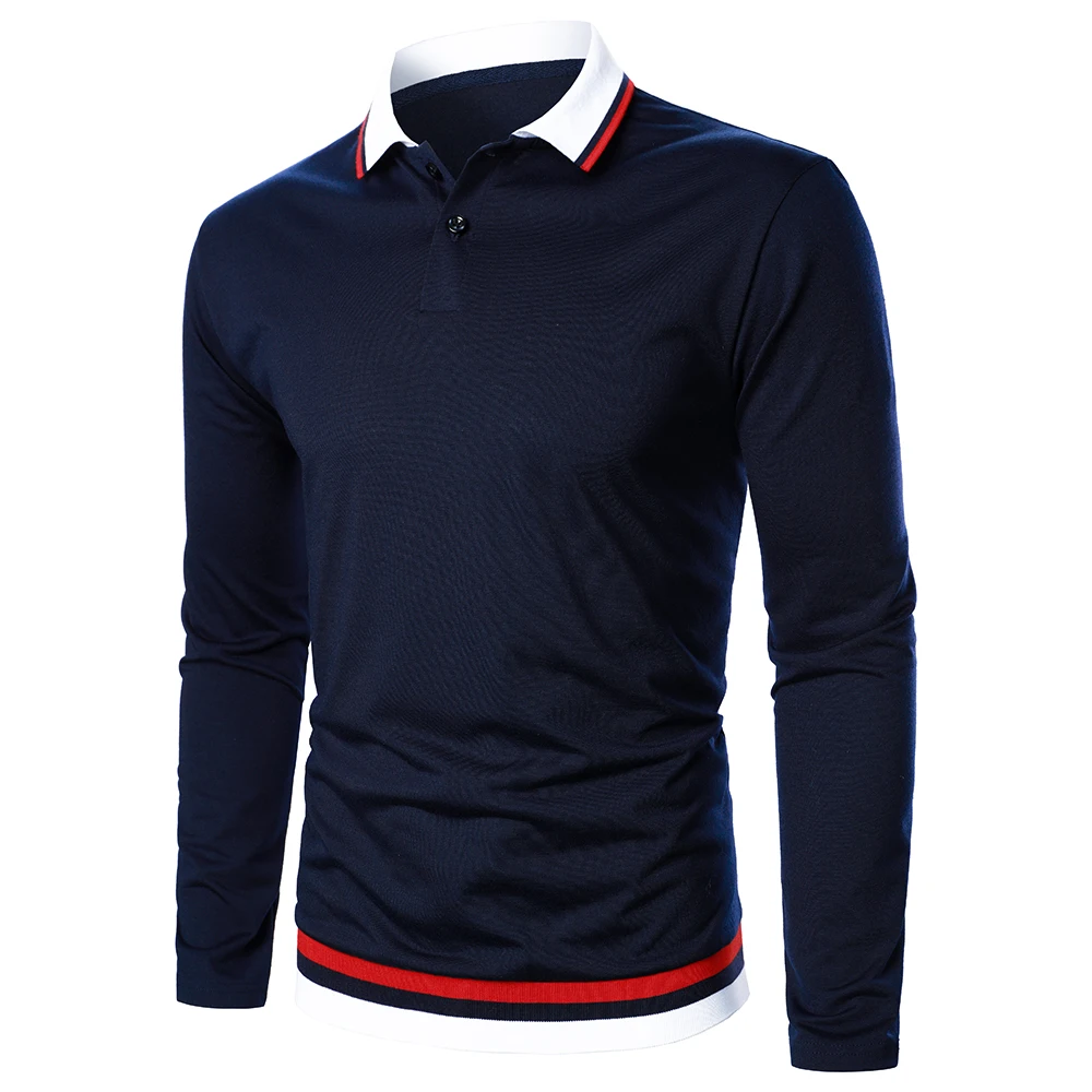 Men Long Sleeve Polo Shirt Solid Splicing Bi-Color Stripe Tops Autumn Basics Streetwear Casual Fashion Men Lapel Polo Shirt