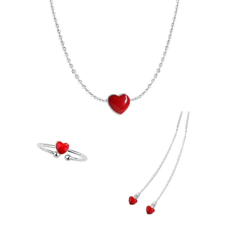 New Arrivals Fashion Red Heart Necklaces Pendant Bracelet Rings Jewelry Sets for Women Wedding Statement Jewelry