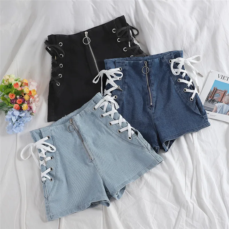 

Spring Autumn Women Jeans Shorts Tie High Waist Denim Shorts Female Casual Black Shorts Student All Match Skinny Hot Shorts 1782