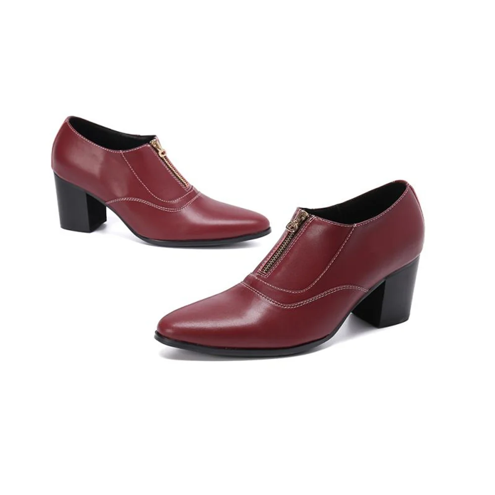 

High Heels 6cm Mens Leather Shoes Pointed Toe Zip Red Party Dress Shoes Party Big Size 37-46