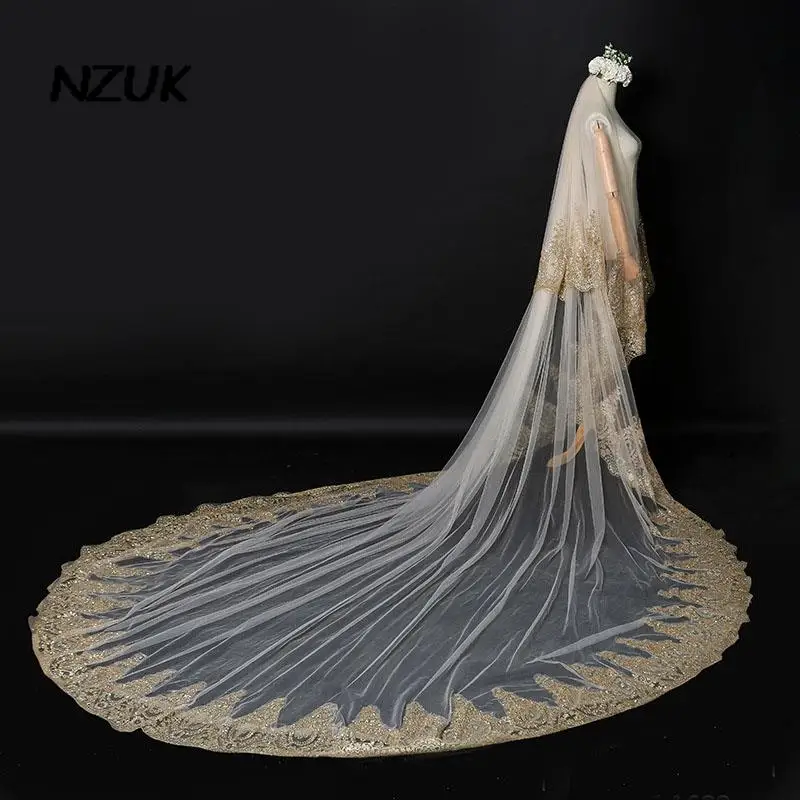 NZUK ลูกไม้ขอบเจ้าสาวหรูหรา2ชั้นแต่งงาน Wedding Veils Long Velos De Novia อุปกรณ์จัดงานแต่งงาน