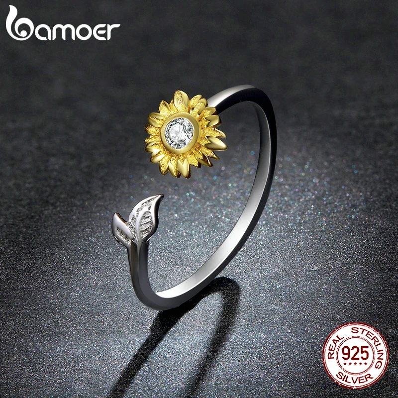 bamoer 925 Sterling Silver Sunflower Open Ring Crystal Golden Sun Adjustable Ring for Women Engagement Jewelry Anillo BSR213