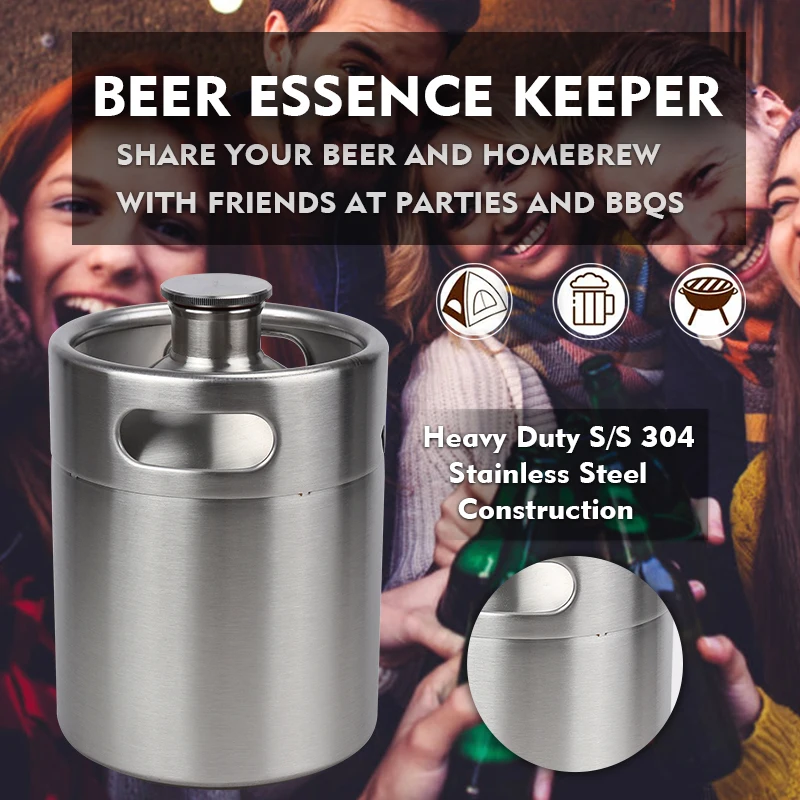 Beer Keg 2l Homebrew Beer Growler, Stainless Steel Pressurized Mini Keg Growler Kit Keg Spear Tap Dispenser for Party Picnic Use