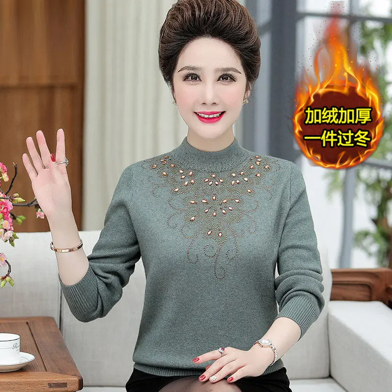 Middle Age Women Sweater Autumn Winter Thick Velvet Knit Pullovers 5XL Female Knitted Sweater Feminina Tops W2198