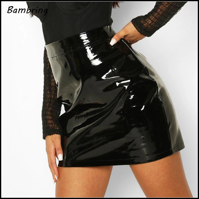 Sexy Black Latex A-line Mini Skirt Women Casual Stretch High Waist Skirt Summer Office Lady Shiny Faux Leather Skirt New Custom