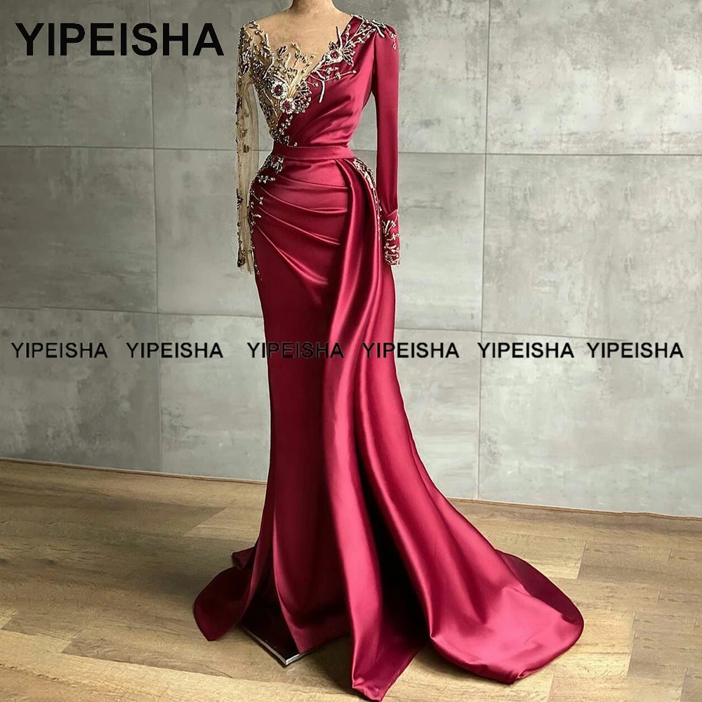 Yipeisha-Vestidos de Noche de manga larga con cuello transparente, vestido asimétrico de satén rojo para graduación, traje de fiesta de sirena de Arabia Saudita hecho a medida