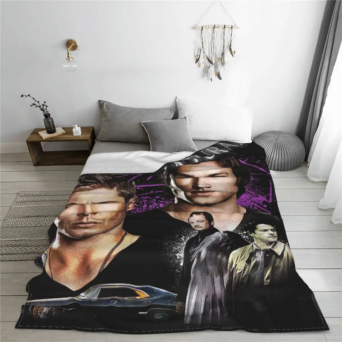 Supernatural Movie Blanket Sam Dean Winchester Castiel Wings Fleece Vintage Warm Throw Blankets for Home Restaurant All Season