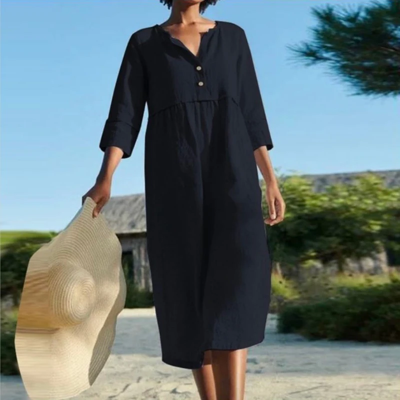 

New Autumn Linen Cotton Half Sleeve Dress Women V Neck Button Midi Dress Casual Female Solid Loose Pocket Dress Oversize 5XL