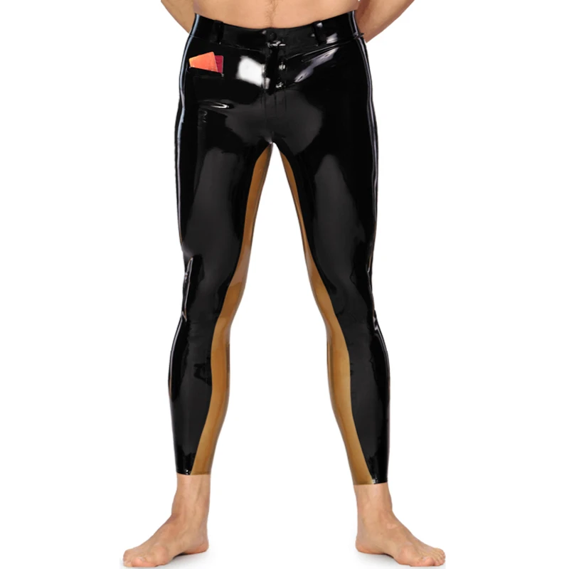 Black And Golden Sexy Latex Pants With Button Zipper Small Pockets Rubber Leggings Trousers Bottoms Jeans CK-0093