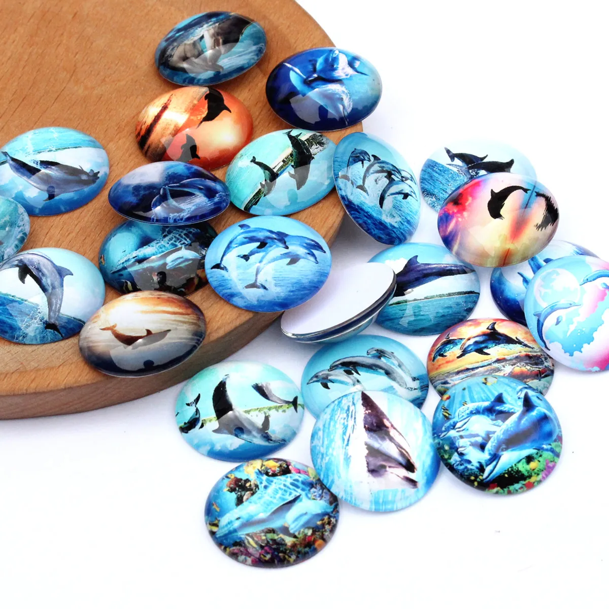 Onebeading From 8mm to 30mm Random Mixed Round Dolphin Animal Cabochons Pattern Glass Flatback Photo Base DIY Accessories Paired