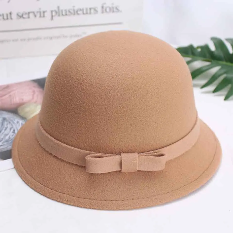 Vintage Parent-child Winter Women Solid Wool Felt Cloche Hats Kids Fedoras Bow Bucket Hats Warm Bowler Hats For Mom& Baby