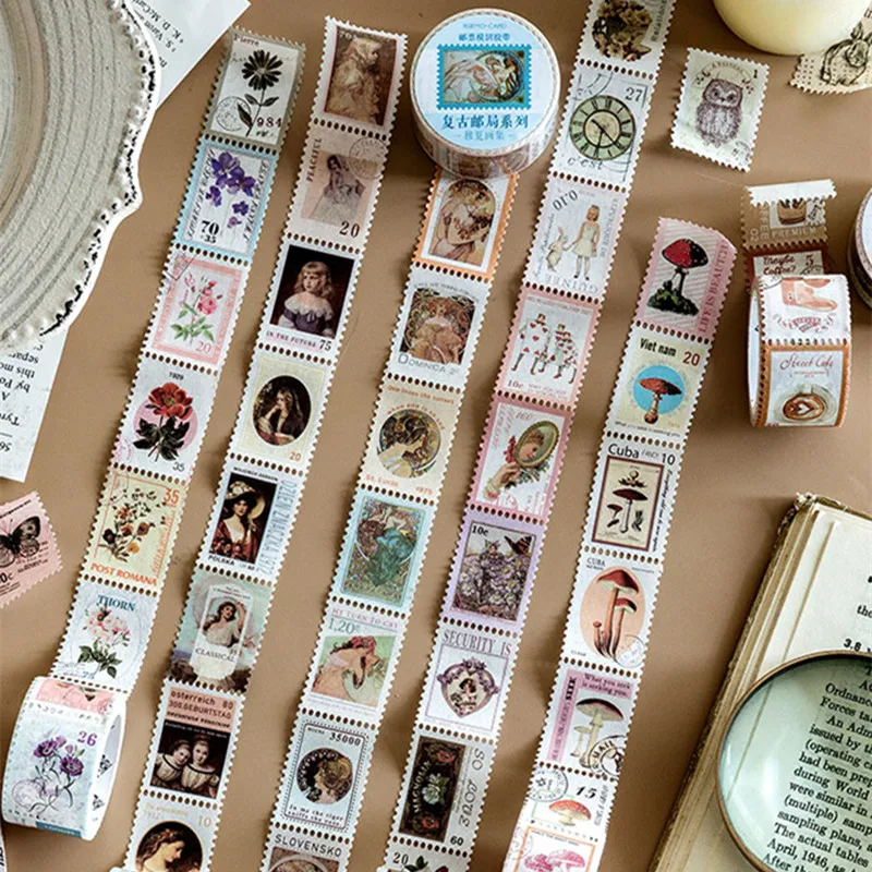 8 Designs Retro Post Office Stamps Masking Tapes Bullet Journaling Scrapbooking Plant Mucha Tearable Hand Account Deco Stickers