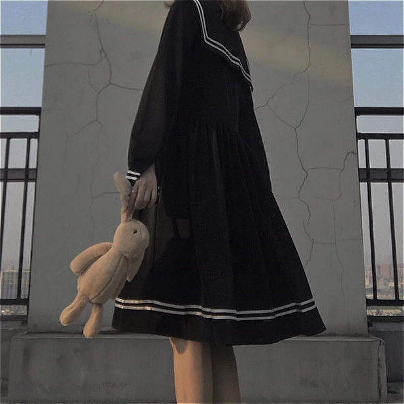 Bow Patchwork Loose A-Line Fashion Knee-Length Cute Empire Preppy Style Japanese All-match Black School Uniform