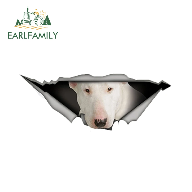 EARLFAMILY 13cm x 4.9cm White Bull Terrier Car Sticker Torn Metal Decal Reflective Stickers Waterproof Car Styling Pet Dog Decal